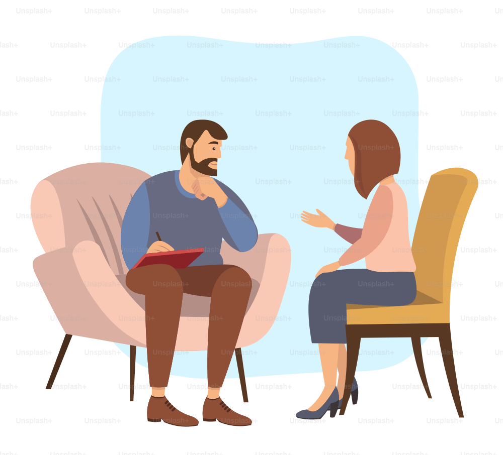 심리 치료에서 리셉션에 있는 환자. 심리 치료사 또는 심리학자와 이야기하고 질문에 답하는 여성. 한 남자가 의자에 앉아 고객의 문제를 듣습니다. 가족 심리 치료