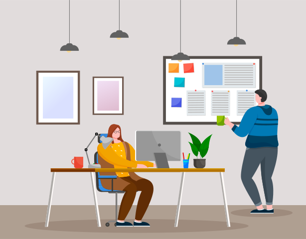 People working in the office. A man stands near a board with announcements. Woman with glasses sits at a laptop and works. Colleagues spend time and work together. Staff work in the office concept