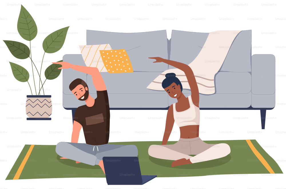 Home workout. Young couple doing yoga at home. Sports exercises and stretching, pair yoga vector concept. A man and a woman train with a video lesson with a laptop sitting on the floor at home