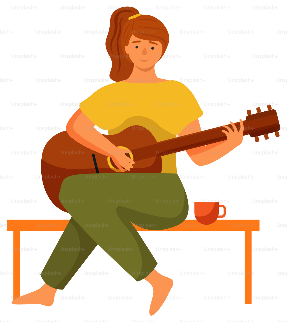 La mujer está tocando la guitarra sentada en el banco. El músico aislado sobre fondo blanco. El personaje femenino hace música en casa. La persona se queda en casa, rutina de la vida diaria, tiempo de pasatiempo relajante