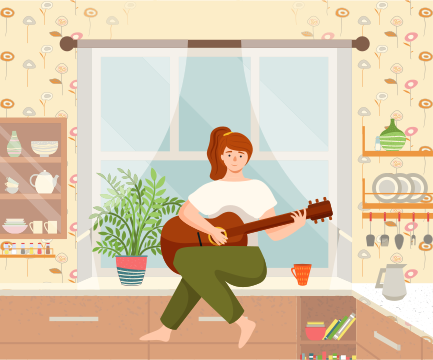 Woman is playing the guitar sitting on the kitchen table. Musician composes songs and sings at home. Female character makes music indoor. Person is fond of creativity sings songs, hobby time relaxing