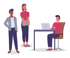 Businesspeople communicating, boss talking with office workers, working in office sitting at table, standing, solving problems, teamwork brainstorming, colleagues communication, mix race people