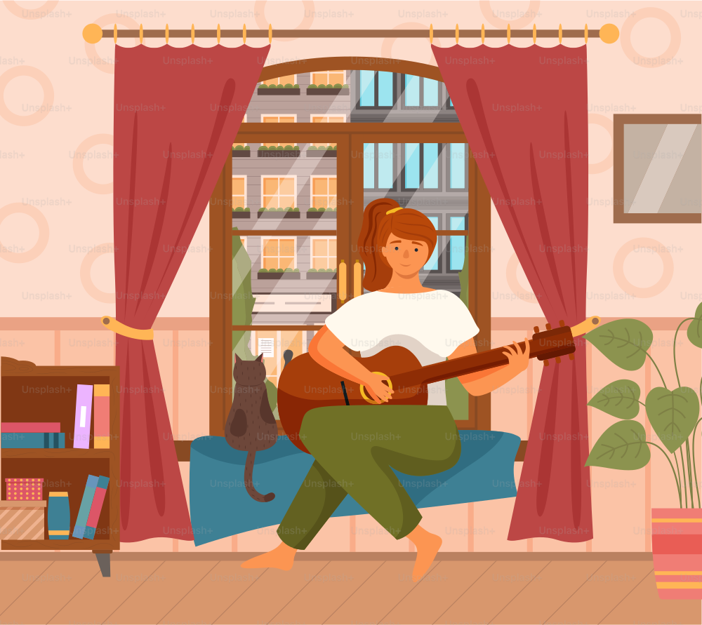 Woman is playing guitar sitting in armchair. Musician composes songs and sings at home near window. Female character makes music indoor. Person is fond of creativity, hobby time relaxing in apartment