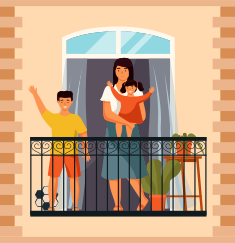 Woman enjoys clean air and view from the balcony. Mother stands with children and looks at passers-by. Citizens stay at home, daily life routine, hobby time relaxing. Family standing on the balcony