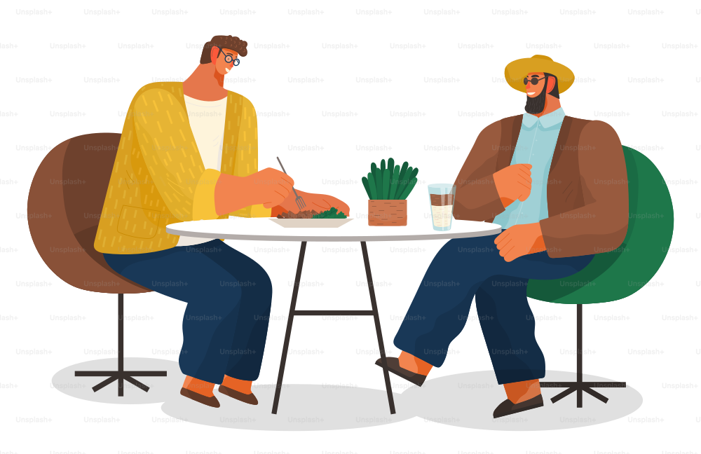 Two men friends sitting at a table eating in a restaurant vector illustration isolated on white background. Stylish male characters having lunch in bar. Business partners has dinner in a cafe