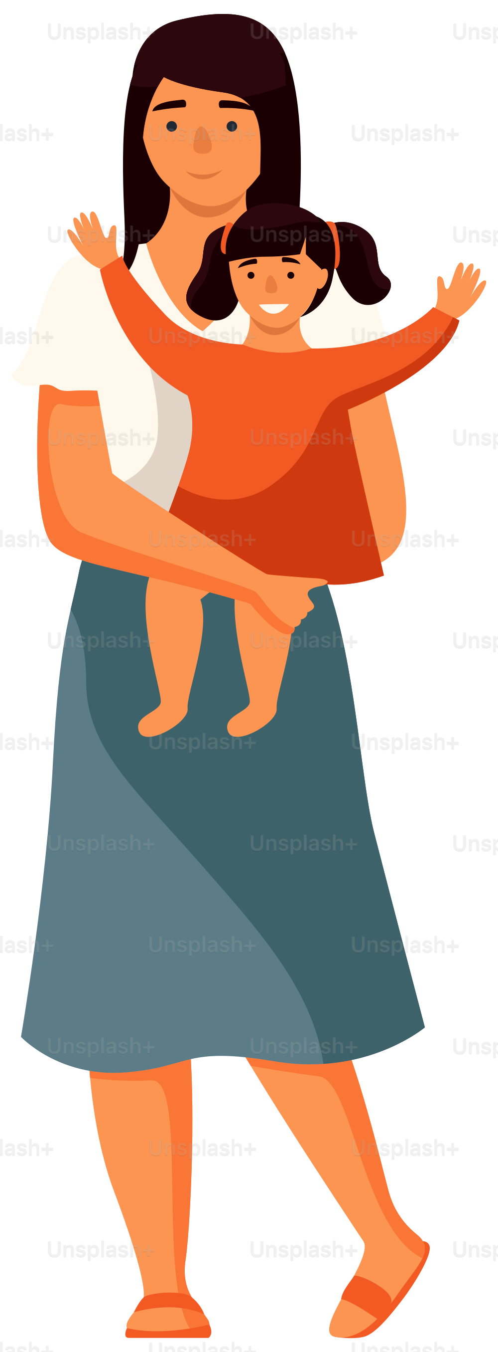 The mother stands with a small child in her arms. Parent and daughter isolated on white background. The girl happily raises her hands. Mom is taking care of the baby flat vector illustration