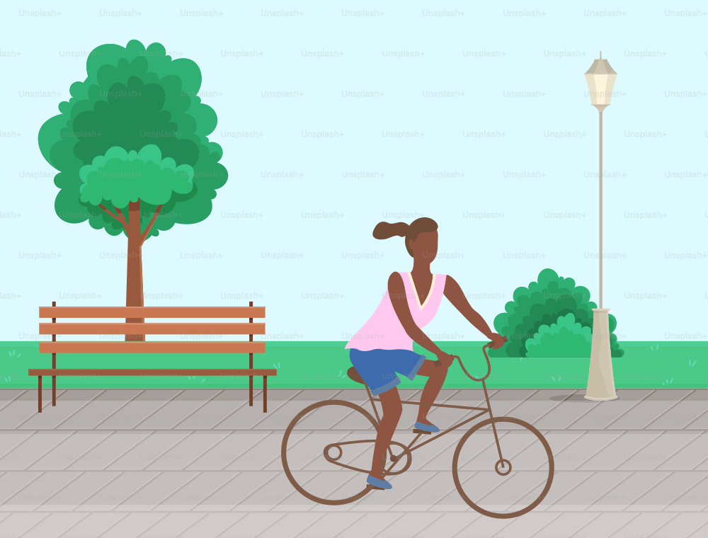 A woman riding a bike in a park in the city vector illustration. Afro american girl doing sports outdoors. Female character on a bicycle walking and spending time in nature. Bike ride concept