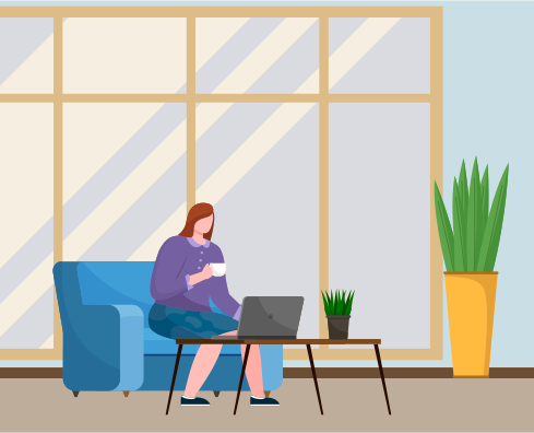 Weibliche Figur am Couchtisch mit Laptop. Geschäftsfrau oder eine Sachbearbeiterin, die mit elektronischen Dokumenten arbeitet. Mädchen-Managerin mit Computer im kreativen Büro, Freiberuflerin oder Studentin lernt zu Hause
