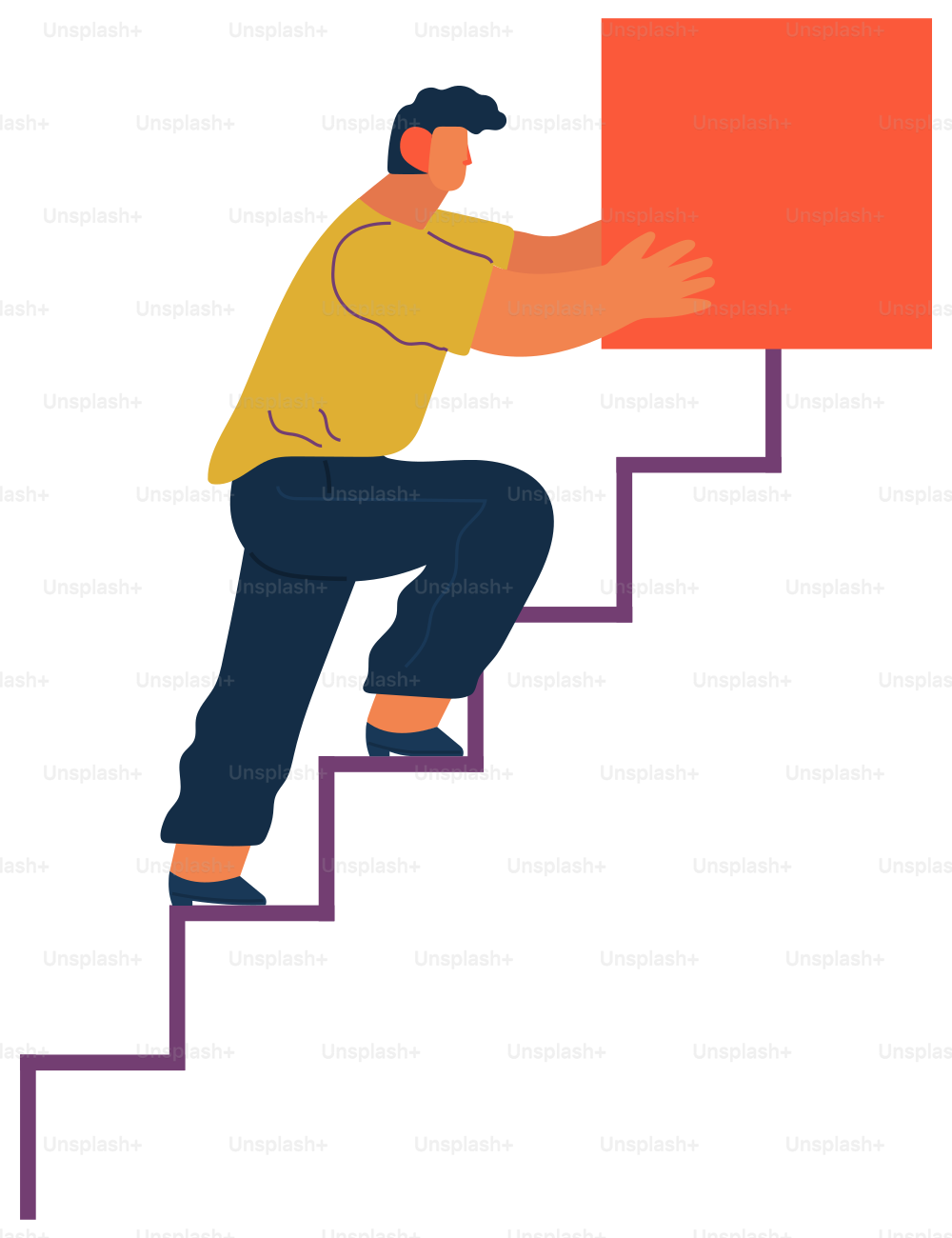 Man climbs the ladder stairs of success and a virtual career, flat vector illustration isolated on white. Young man holding and organizing abstract square geometric shape. Business building concept