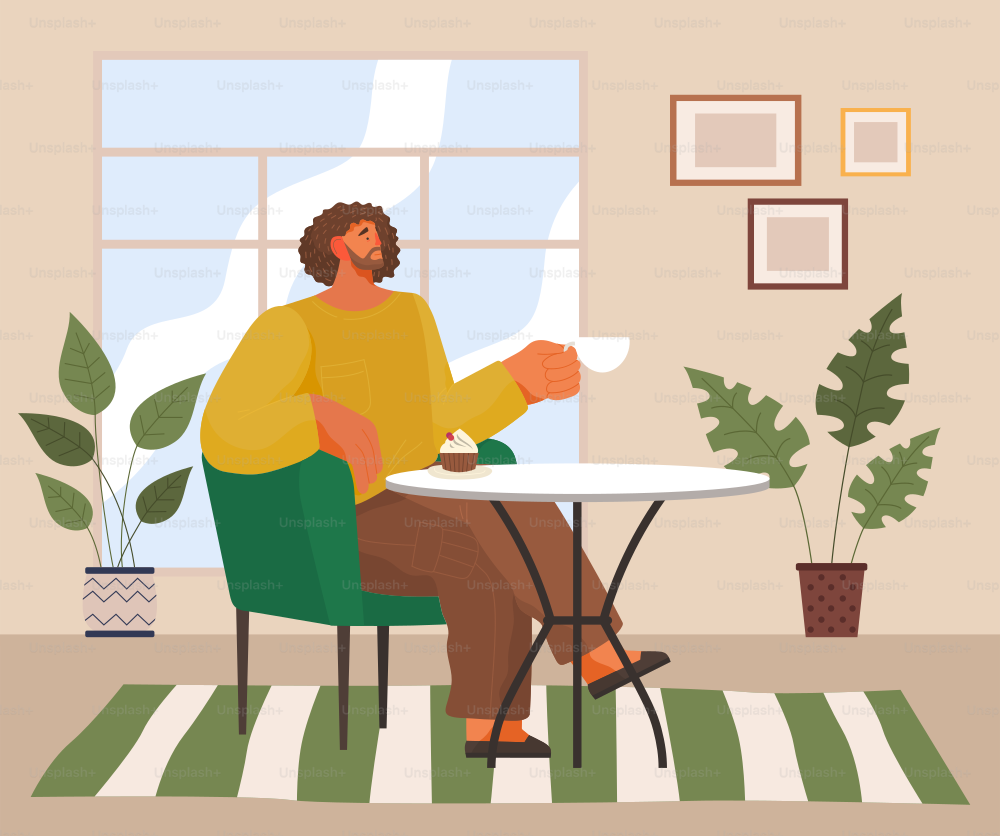 Stylish man sitting in modern armchair at home at a cozy table drinking coffee vector illustration. Male character having lunch drinking tea and eating cupcake in a cafe or restaurant, coffee break