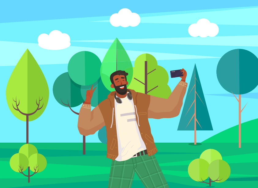 Un homme en veste marron prenant un selfie dans un parc