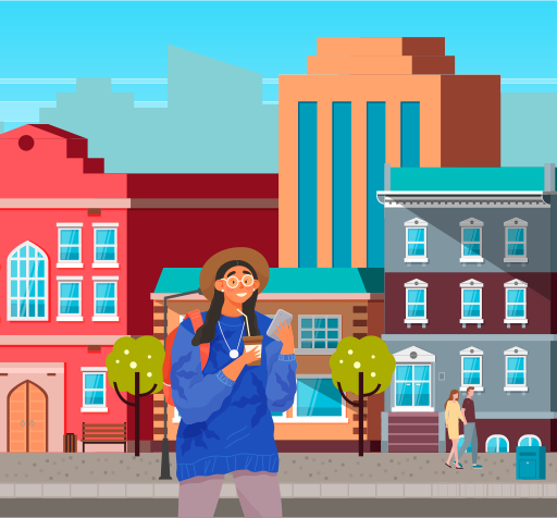 Chica con smartphone y café está caminando. Personaje femenino usando dispositivo móvil en el centro de la ciudad. La joven está chateando en línea. La persona utiliza la tecnología para comunicarse. Señora sonriente mirando el teléfono