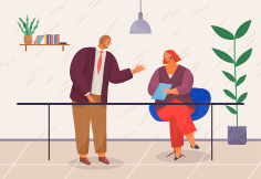 Businesswoman sitting at desk with clip board in office interior engaged in project management. Male character talking to lady boss, explains something to her. Business meeting colleagues or partners.