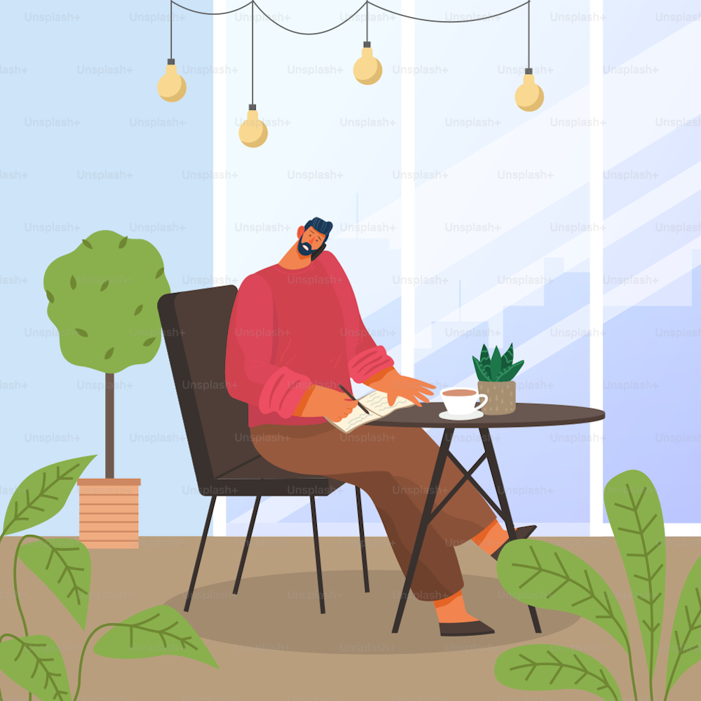 Busy man talking on phone holding smartphone with shoulder and writes information to a notebook. Businessman working at office table drinking coffee. Vector illustration of cartoon big boss workspace