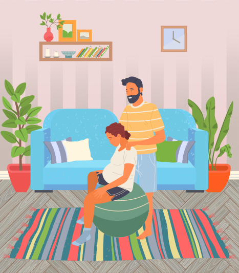 Birth position pose for pregnant woman, female sitting at fitball, husband help wife to relax making massage of shoulders, comfortable posture for birthing, man support mother during birth pains