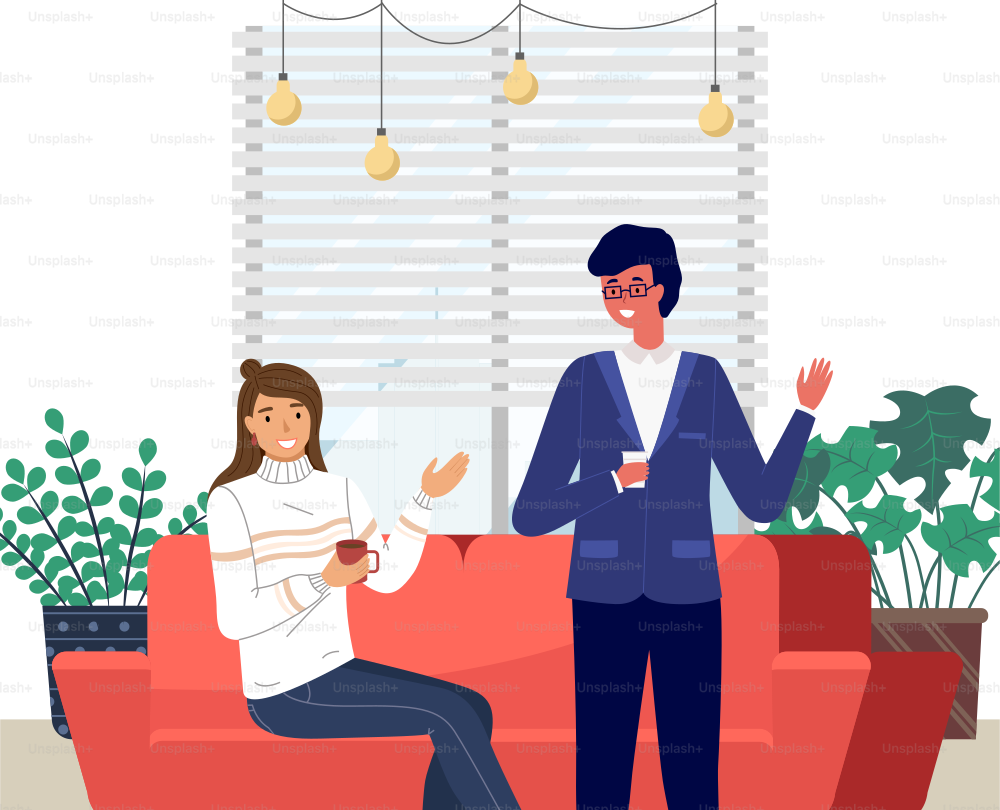 People sitting on the couch and converse. Cartoon characters are talking in living room interior. Meeting friends in a cozy atmosphere. The girl communicates with a man, drink coffee during the break