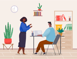 Office workers characters discussing matters. Business meeting and consideration of working issues. Business people man and woman talking communicating, boss sitting at office desk with laptop