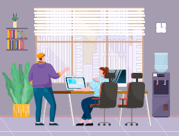Young man in hat, casual clothes, back view, stands and talks with girl sits at desk working on monoblock. Office space. Water cooler, office furniture, lush pot plant, panoramic window with city view