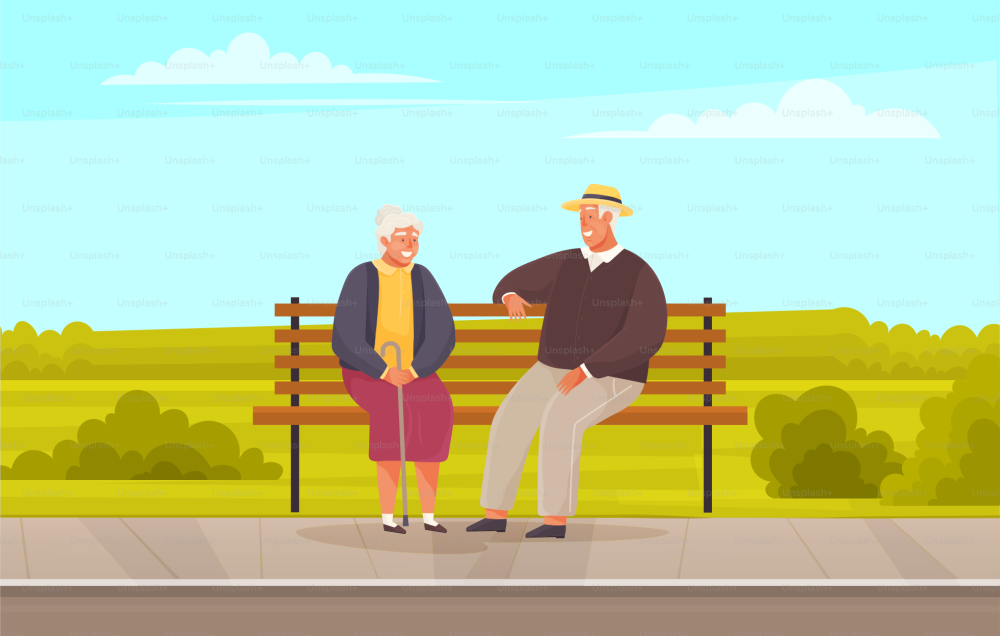 Old woman and man are resting and sitting on bench in park. Grandmother with cane smiling at man in hat. Rendezvous of retirees from nursing home. Elderly people spend time talking together outdoors