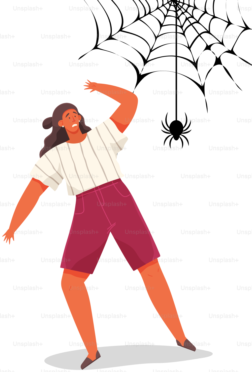 Woman with scared expression and her hand in defenses position. Scared lady near huge web. Female character with face in horror looking at black spider on web. Person defends against threat