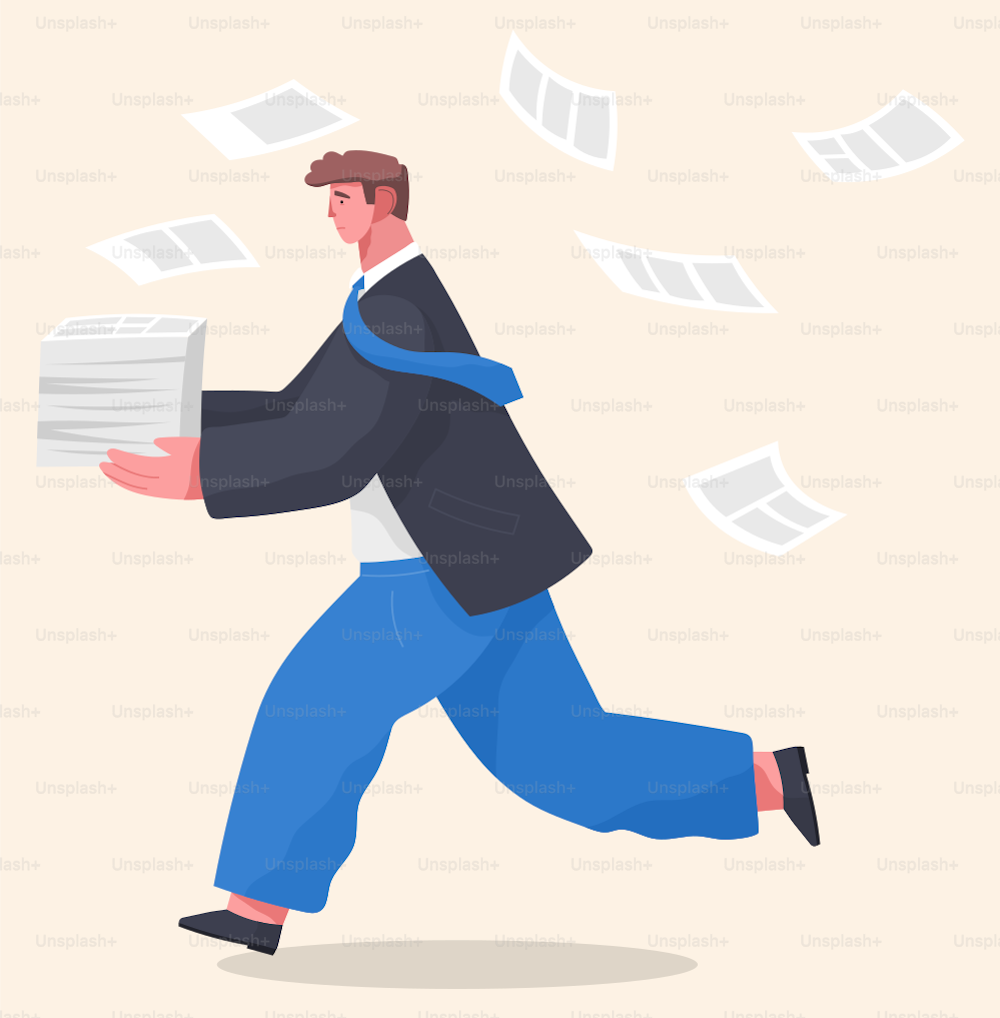 Office worker holding stack of documents running. Unorganized man in panic of paperwork. Worker failure deadline, stressing, busy. Employee hurry and panic. Vector cartoon character with flying papers