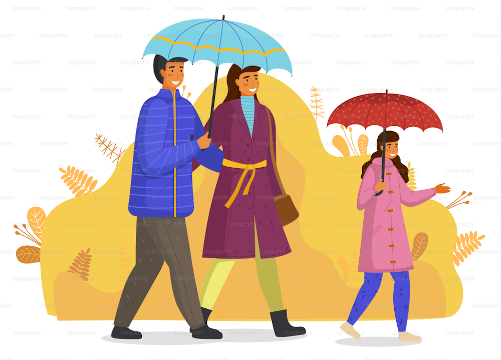 Family with umbrellas walking at abstract background, mother, father, daughter wearing warm clothes jacket and coat, young adults walk with little child, girl teenager walk with parents hold parasol