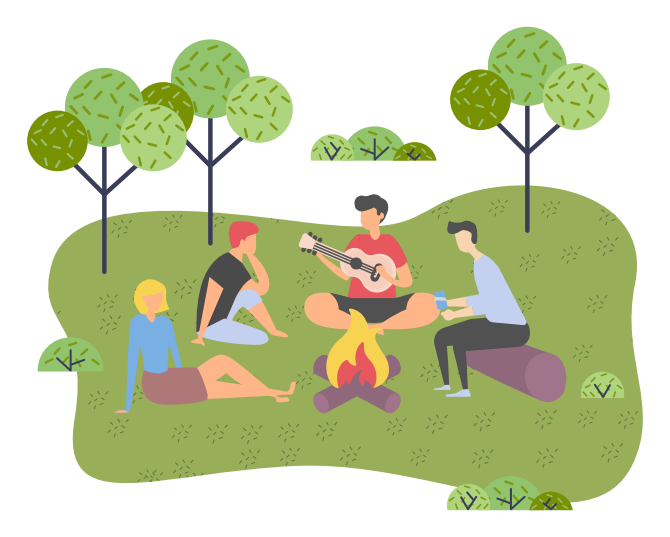 Teman muda piknik di luar kota. Pertemuan api unggun, menyanyikan lagu dengan gitar. Perjalanan ke luar kota atau taman kota. Istirahat dan liburan. Penyanyi dan pendengar. Ilustrasi vektor datar