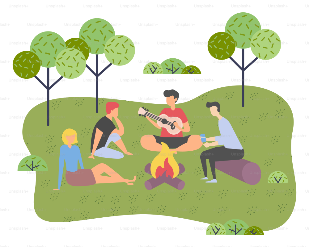 Young company of friends on picnic outside the city. Campfire gatherings, singing songs on the guitar. Trip out of town or city park. Rest and vacation. Singer and listeners. Flat vector illustration