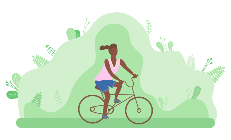 Jeune fille brune fait du vélo dans un espace verdoyant. Loisirs et sports. Activité en vacances fraîches. Le vélo, les soins de santé. Mode de vie actif. Apprends à faire du vélo. Feuillage luxuriant d’arbres, fond forestier