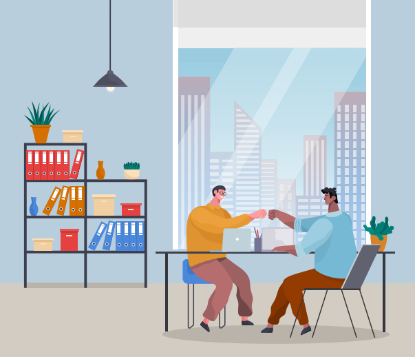 Successful teamwork. Office workers celebrating successful work, project. People high five with each other. Good job concept. Black and white guys sitting in office near panoramic window at table