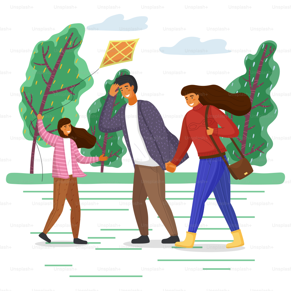 Happy family parents and daughter with kite walking in the city park together in windy weather. Smiling people father and mother with cheerful child vector illustration family activities flat style