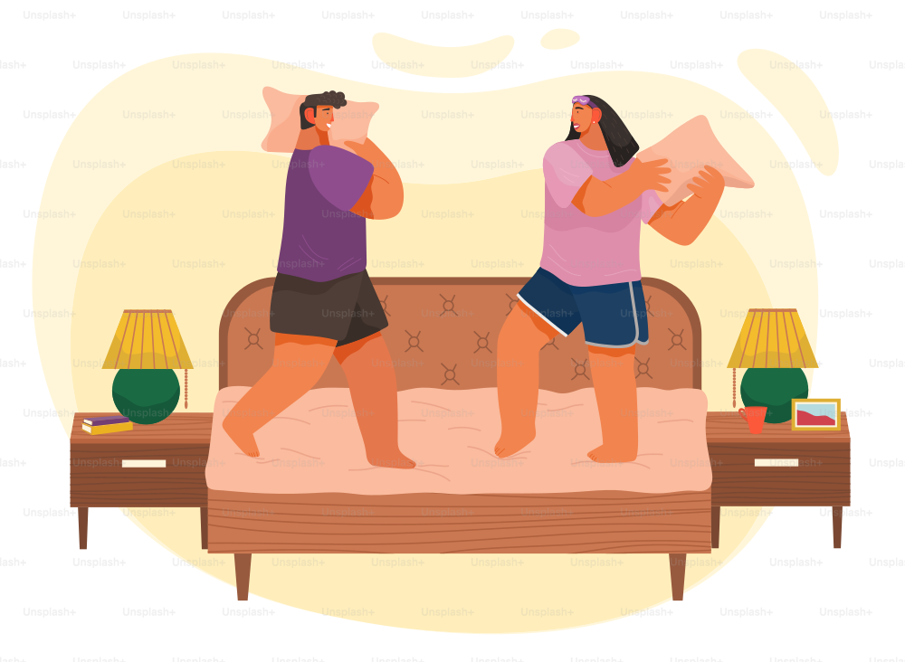 Young couple having pillow battle, man and woman wearing pajamas enjoying time together lovers beat with pillows standing on bed at home modern apartment bedroom interior horizontal flat illustration