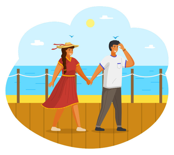 Pareja caminando juntos por la orilla del mar. Chico y chica jóvenes con un  vestido ligero y un sombrero de paja tomados de la mano caminando en el  paseo marítimo día soleado., image size:3000x2670