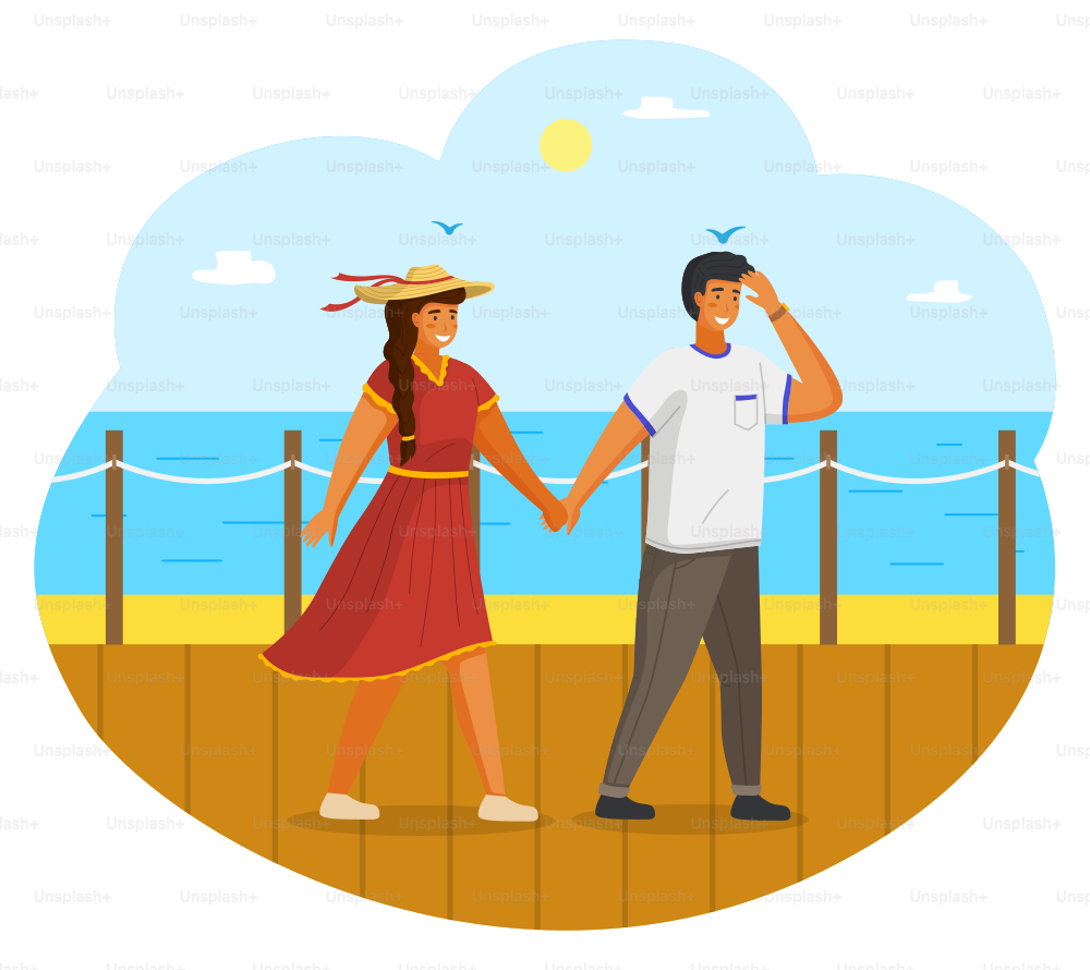 Pareja caminando juntos por la orilla del mar. Chico y chica jóvenes con un vestido ligero y un sombrero de paja tomados de la mano caminando en el paseo marítimo día soleado. Hombre y mujer reunidos en vacaciones de verano