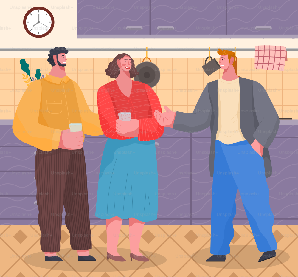 Friends spending leisure time together at home reception. People stand and drink in kitchen. Men and woman have conversation. Cozy room interior with furniture. Vector illustration in flat style