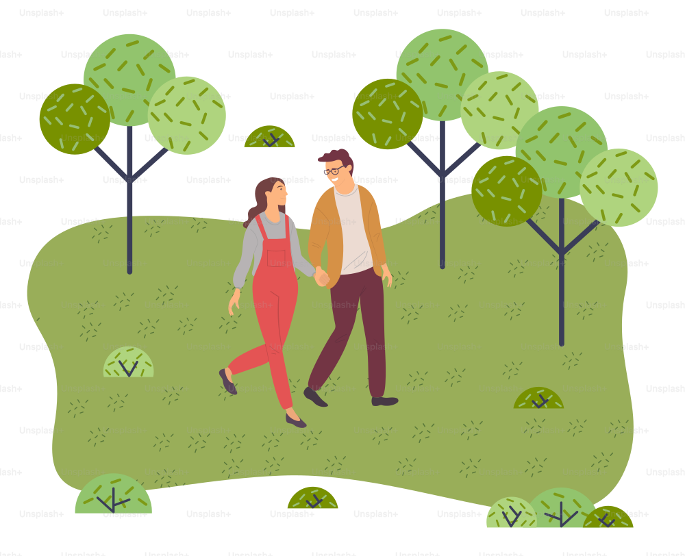 Couple walking in a park. Young guy and girl holding hands walking in garden, weekend walk. Friends man and woman met on a date outdoor. Girl wearing red overalls talking to smiling guy in glasses