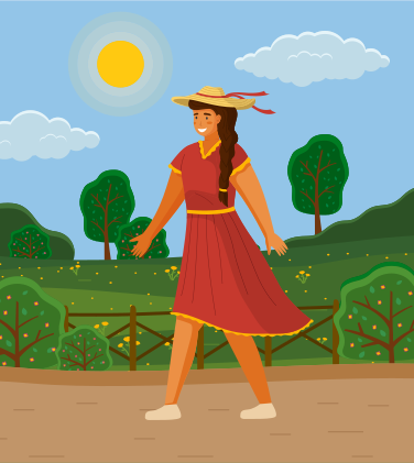 Chica guapa con sombrero de paja en un día de verano al aire libre. Joven alegre caminando por la calle. Personaje femenino sonriente vestido de luz roja. Chica elegante y guapa en un paisaje campestre