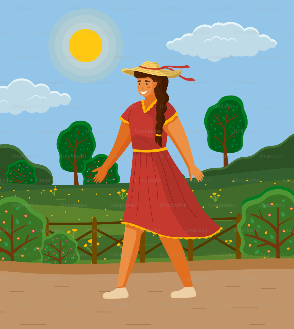夏の日に屋外で麦わら帽子をかぶった美しい女の子。通りを歩く若い陽気な女性。赤い光のドレスを着た笑顔の女性キャラクター。田舎の風景の中の優雅なかわいい女の子