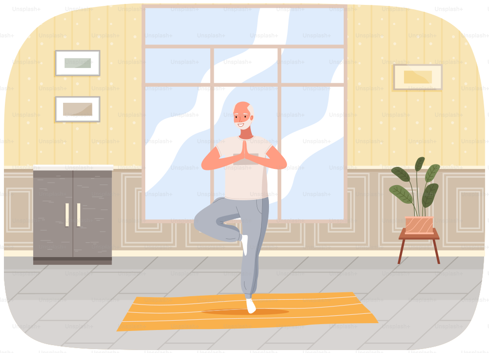 Man doing yoga at home. Elderly happy man standing in tree pose. Male character taking care of his health, leads healthy lifestyle and wellness concept, doing relaxation exercises, gets energy