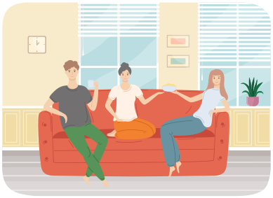 Friends relaxing together. Man and women spend time in living room. Interior design sitting-room. People are resting at home. Joint pastime with friends. Girls eat popcorn and guy drinks tea