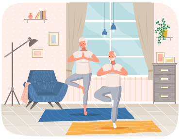 Man doing yoga at home. Elderly happy man standing in tree pose. Male character taking care of his health, leads healthy lifestyle and wellness concept, doing relaxation exercises, gets energy