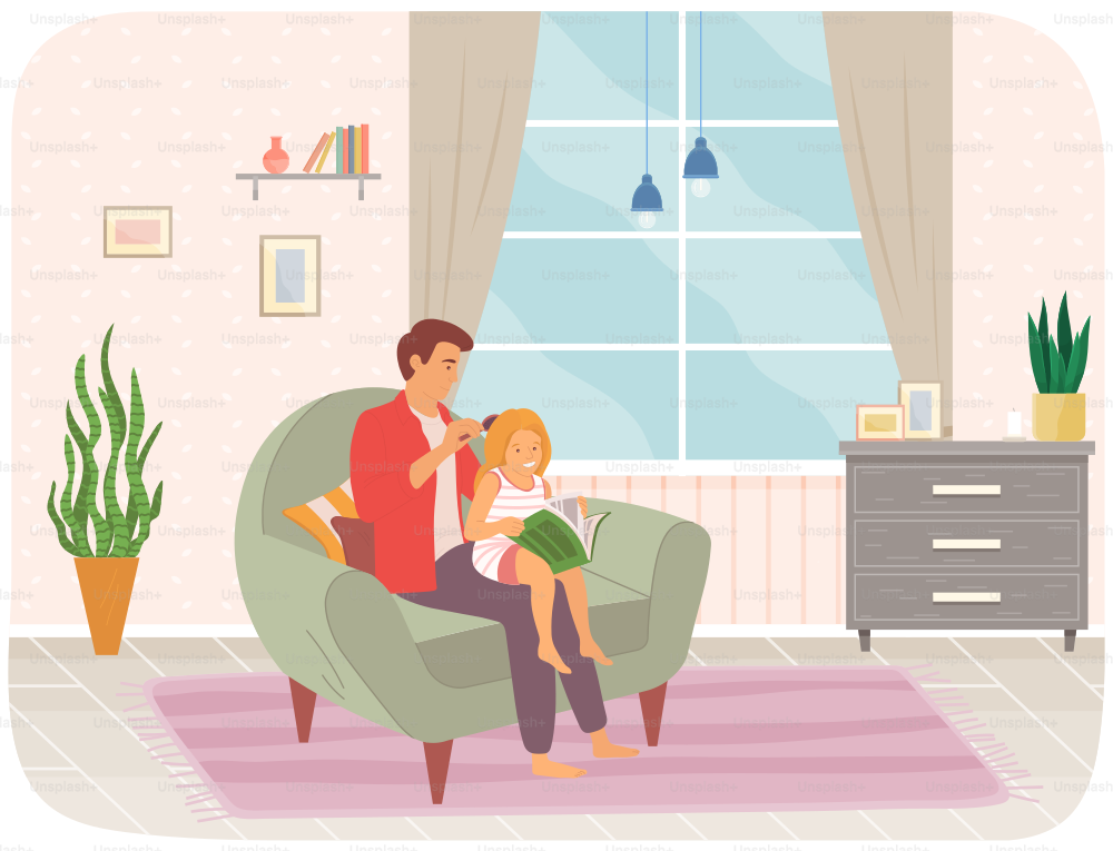 Father brushes his daughter s hair in armchair. Girl reads book on her dad s lap, happy family. Man makes girl s hair near at home in living room. Father on maternity leave to take care of child