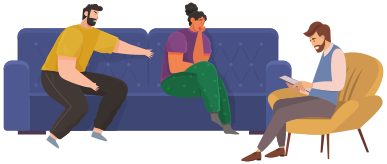 Family relationship problems. Conversation between man, woman and male psychologist or psychotherapist. Couple of people quarrels. Angry man yells at girl. Girl is upset and hurt because of rudeness