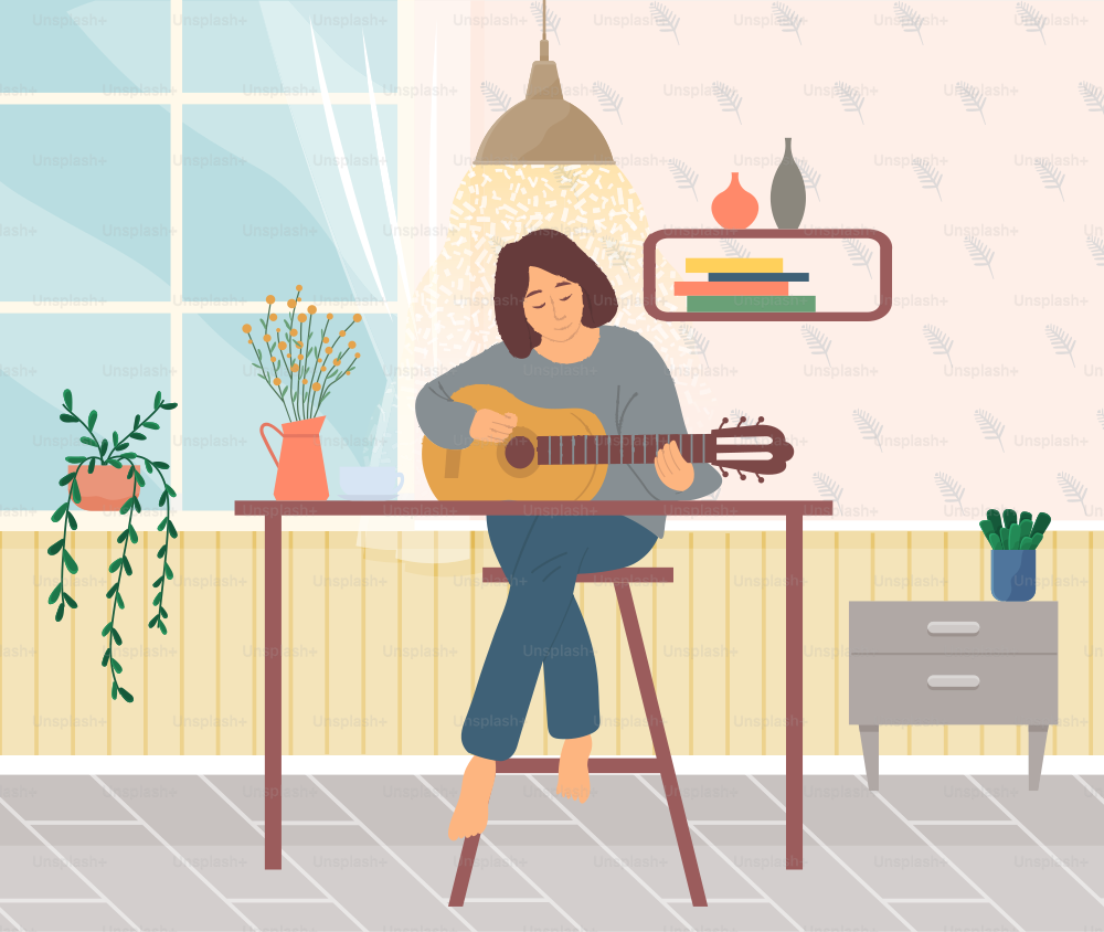 Girl sitting on chair resting at home playing guitar. Beautiful woman makes music near jug of flowers. Person relaxing and doing art with musical instrument. Entertainment at home singing of song