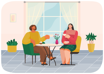 Man and woman sitting at table with coffee in restaurant on date. Married couple drink tea in kitchen at home, sitting at cozy table with bouquet in vase. Friends, colleagues, business meeting