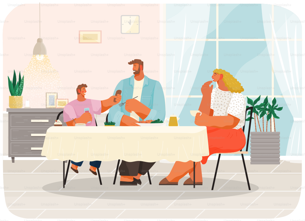 Happy family dining at home. Family members smiling mother, father and son sitting together at table and eating lunch in living room interior. Parents spend time with children, festive dinner