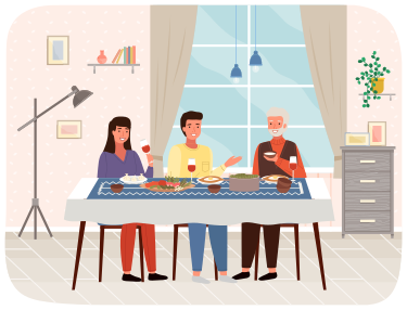 Family members at dining table with khinkali and adjarian khachapuri.  Characters eating georgian food. People are having dinner at home. Girl  drinking wine. Couple communicating with grandfather vector – Food Image on, image size:3000x2288