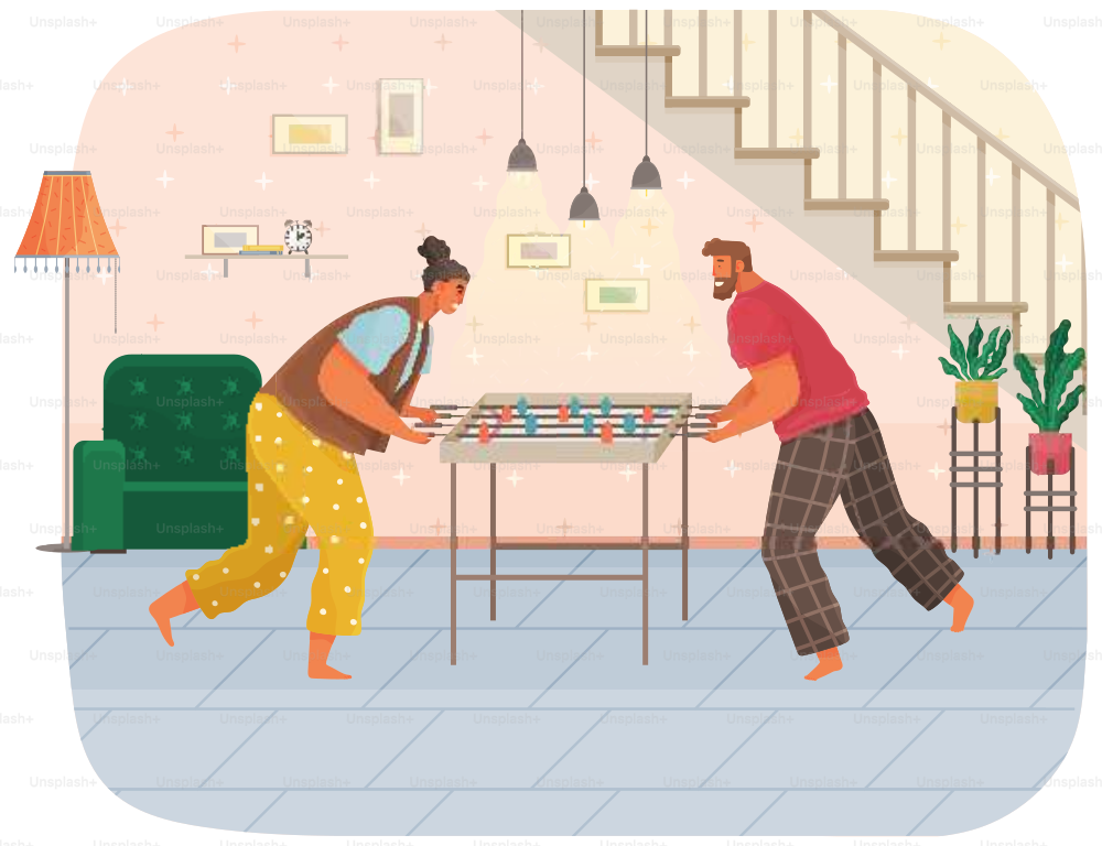Cheerful couple plays board game. Joyful man and woman play table football together at home in room near stairs. Home activities and entertainment. People with game spend time playing football