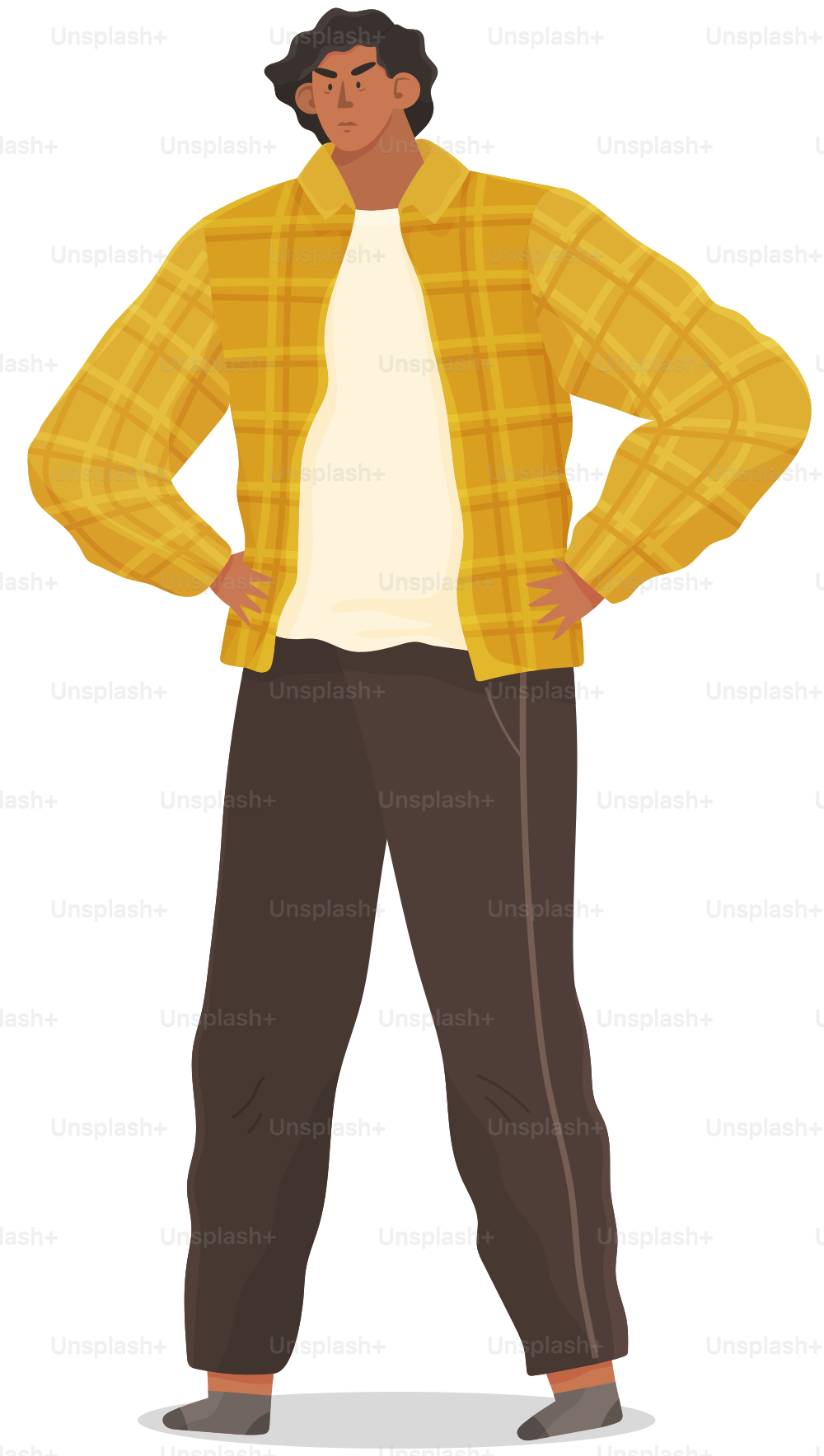 Angry man young personage dressed in casual clothes stands in an aggressive pose at full height with hands on hips. Wicked male character, nervous dark-haired person isolated on white background