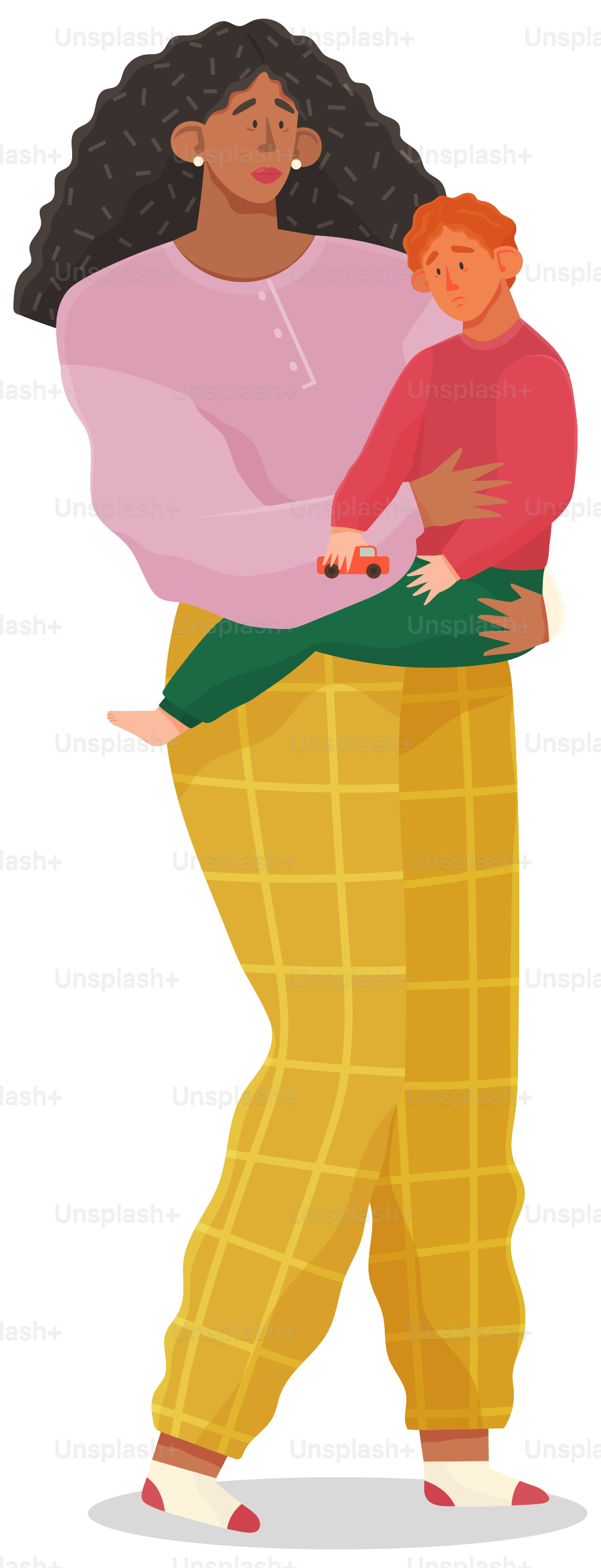 Woman and sweet child. Mother and son concept. Female character standing and holding little boy in her arms. Mom hugging her kid - cartoon woman holding and comforting toddler son isolated on white